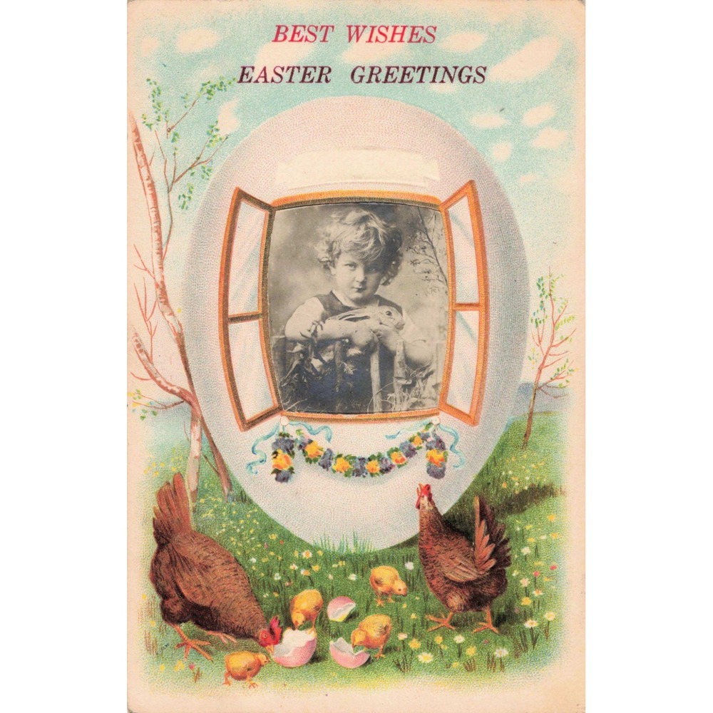 Easter Postcard 1912 Embossed Boy Rabbit Bunny Egg Window Hens Chicks Antique
